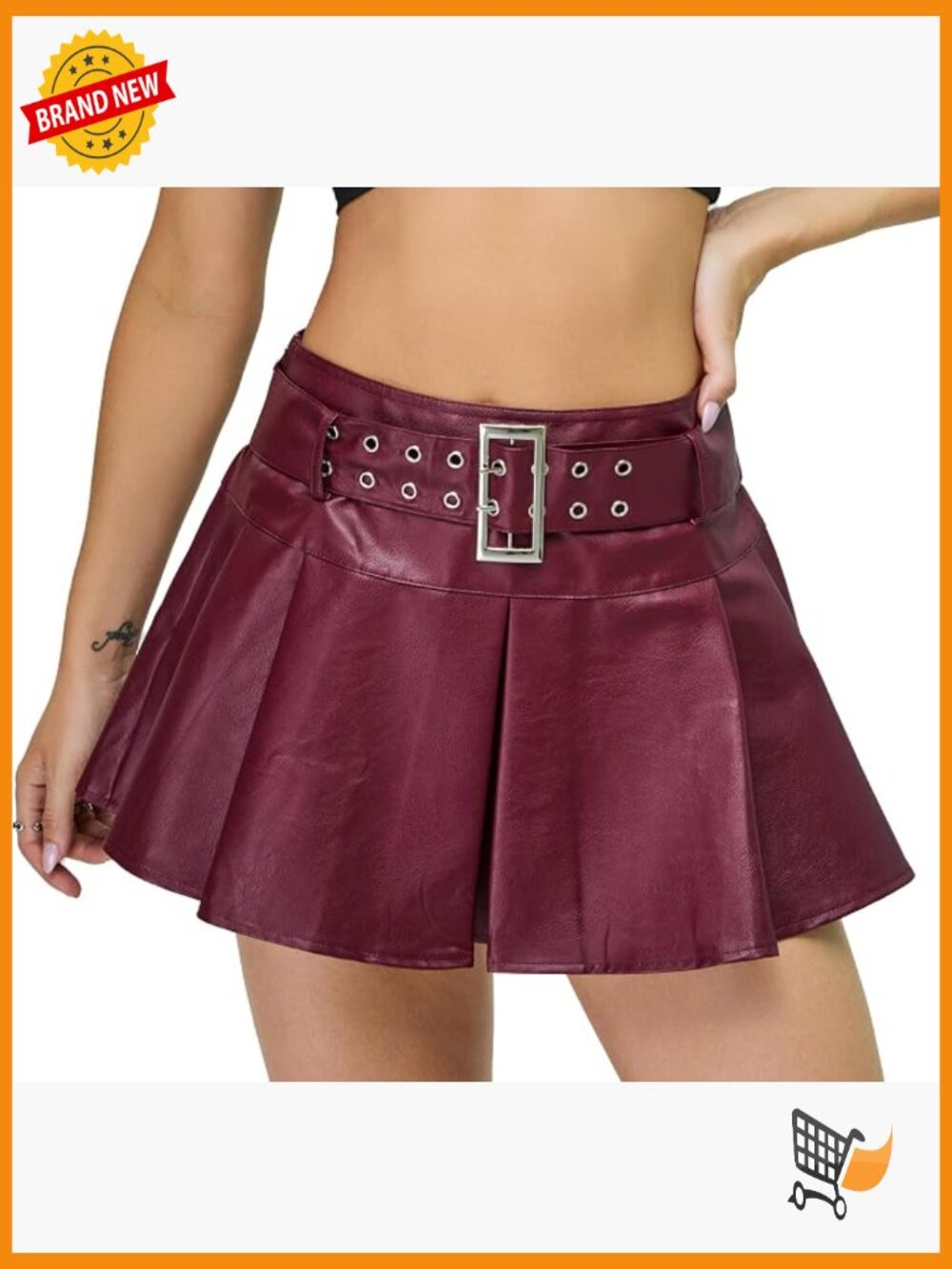 Y2K High Waist Pleated Mini Skirt with Buckle Belt - Faux Leather